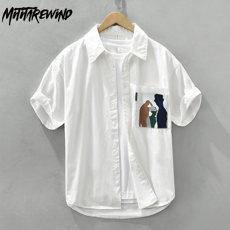 

Japanese Fashion Short Sleeve Mens Shirts Summer White Shirt Men Causal Pure Cotton Tops Patchwork Knitted Pocket Deign Shirt