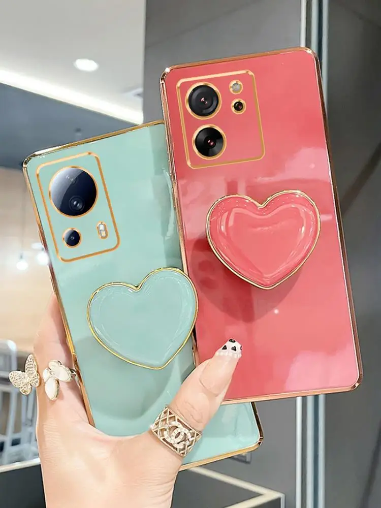 Mi13t 13lite Love Heart Phone Holder Luxury Plating Case On For Xiaomi Mi 13t Pro 13 Lite 5g Mi13 T Stand Silicone Back Cover