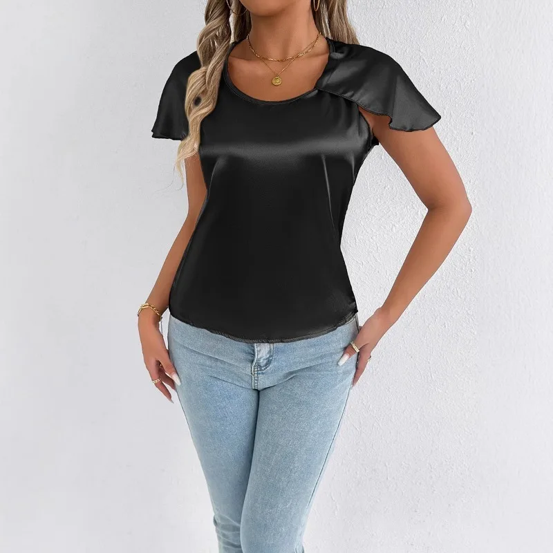 Women's Champagne Satin Short-Sleeve Blouse Tees with Ruffled Tops Shoulder Detail T-Shirts