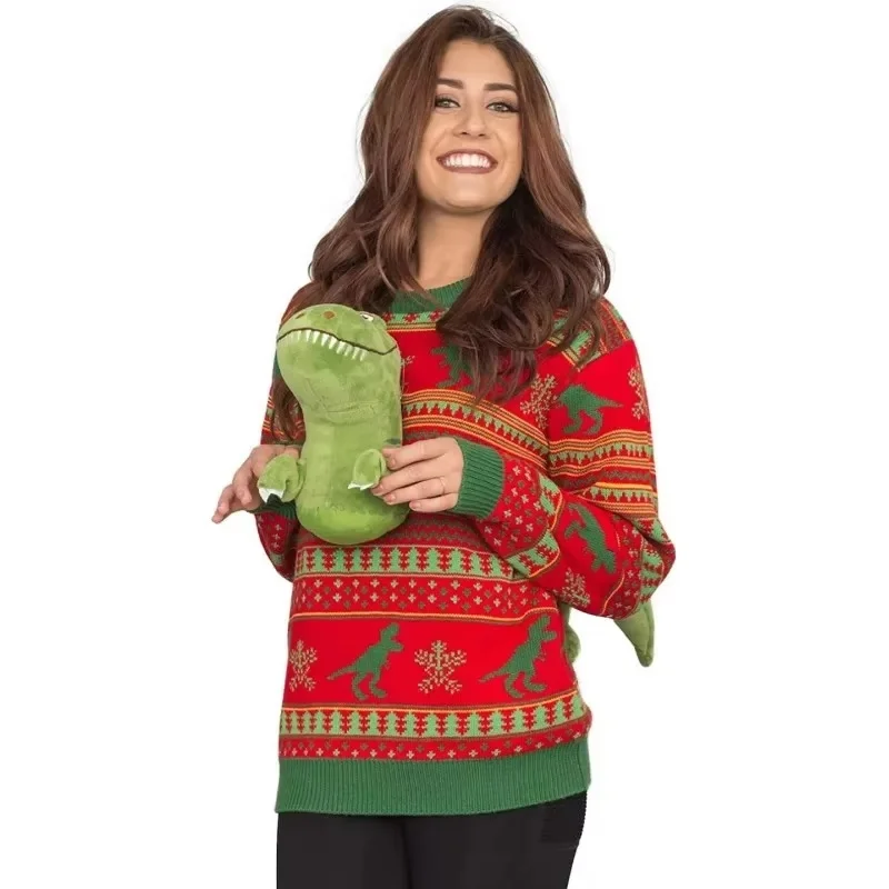 Unisex 3d Dinosaur Knitted Christmas Sweater Ugly Cartoon Clothing Cute Doll Pullover Funny Parties Holiday Jumper Top Funny Gif