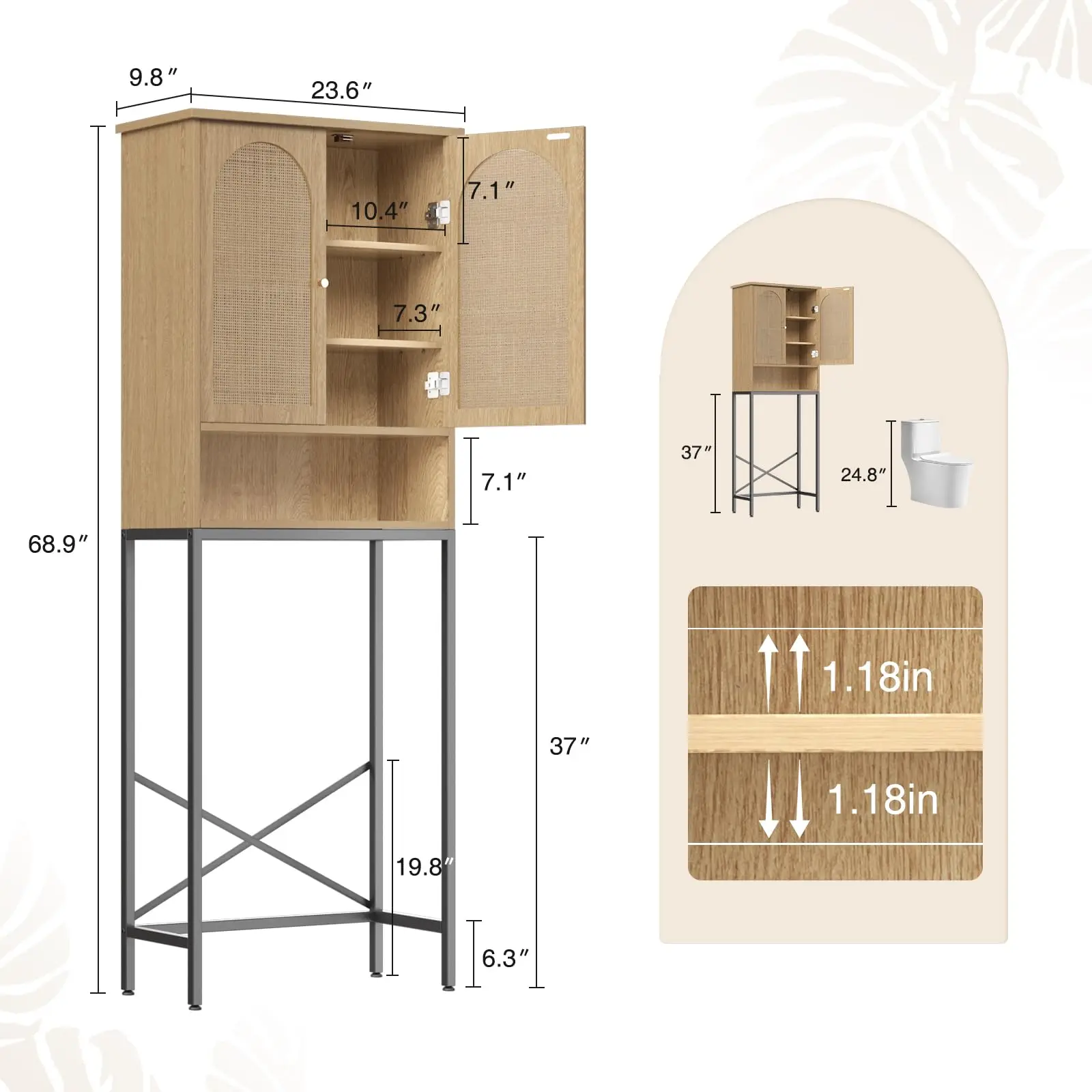 Vabches Rattan Bathroom Organizer Wooden Over the Toilet Storage Cabinet with Metal Stand&Adjustable Shelf Toilet Rack Furniture