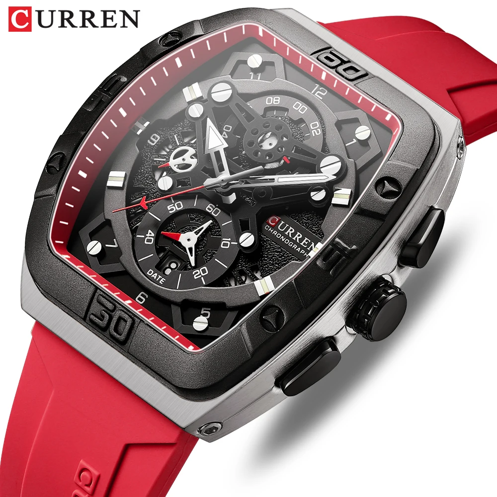 CURREN Fashion Multifunctional Curved Mirror Tonneau Wristwatches with Silicone Straps Luminous Hands Men\'s Watch