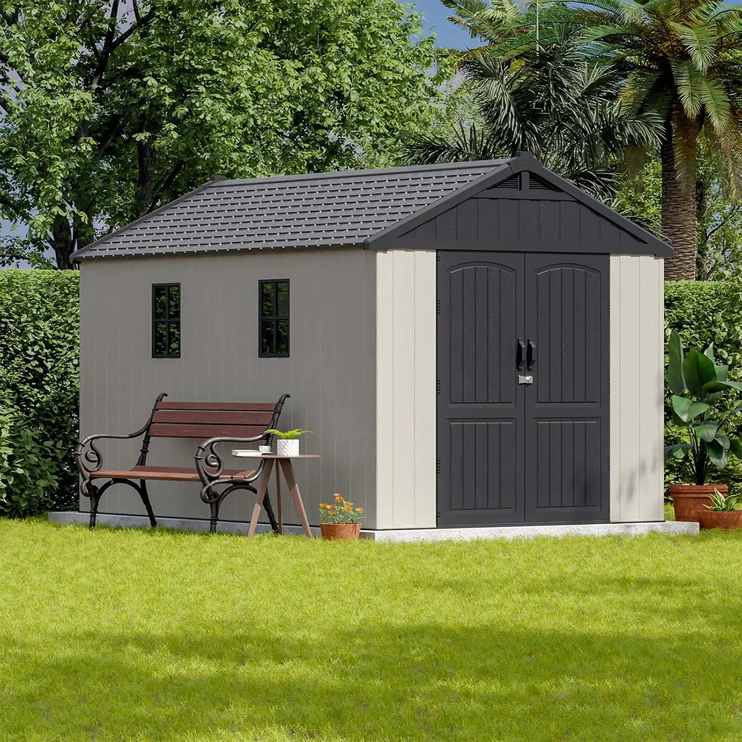 8 x 12 FT Plastic Outdoor Storage Shed with Floor Resin Shed with Window and Lockable Door for Garden Beige (Kick-it Shed)