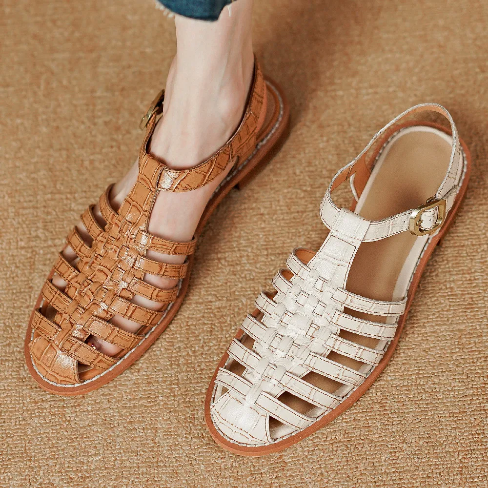 danxuefei women\'s genuine leather narrow band braided t-strap flats sandals summer cage gladiator sandalias shoes for women sale