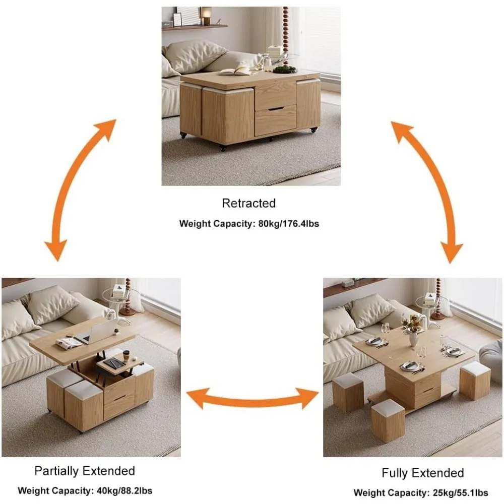 Lift Top Coffee Table with Hidden Storage, 3 in 1 Multi-Function Modern Folding Center Table with 4 Stools and Casters