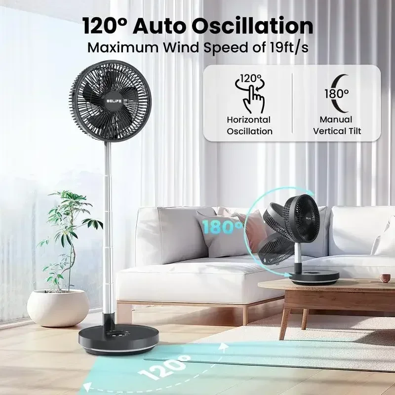 Belife X10 Portable Fan, Cordless Oscillating Fan with Remote, Foldable Telescopic Adjustable Height Fan with LED Light & Timer