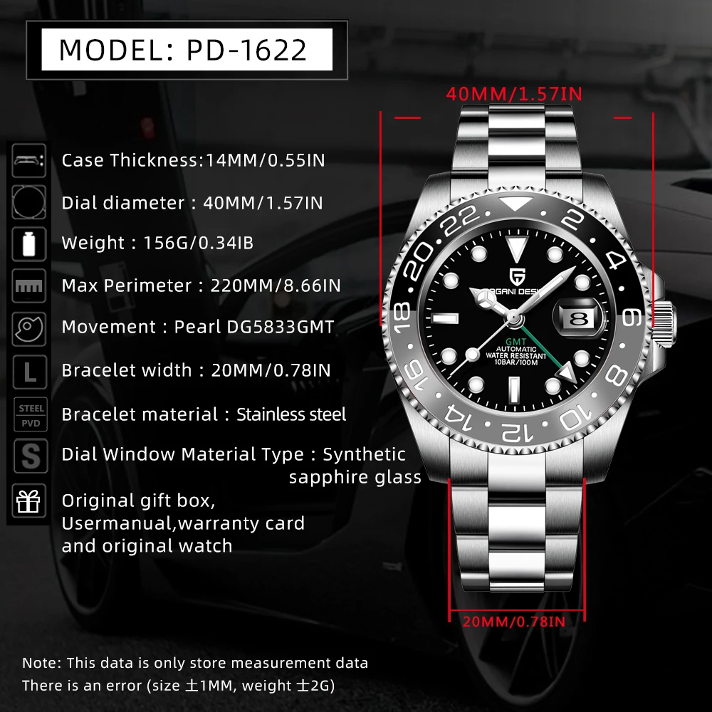 New PAGANI DESIGN 40MM Men's GMT Luxury Automatic Mechanical Watch Sapphire Glass Stainless Steel 100m Waterproof Watch