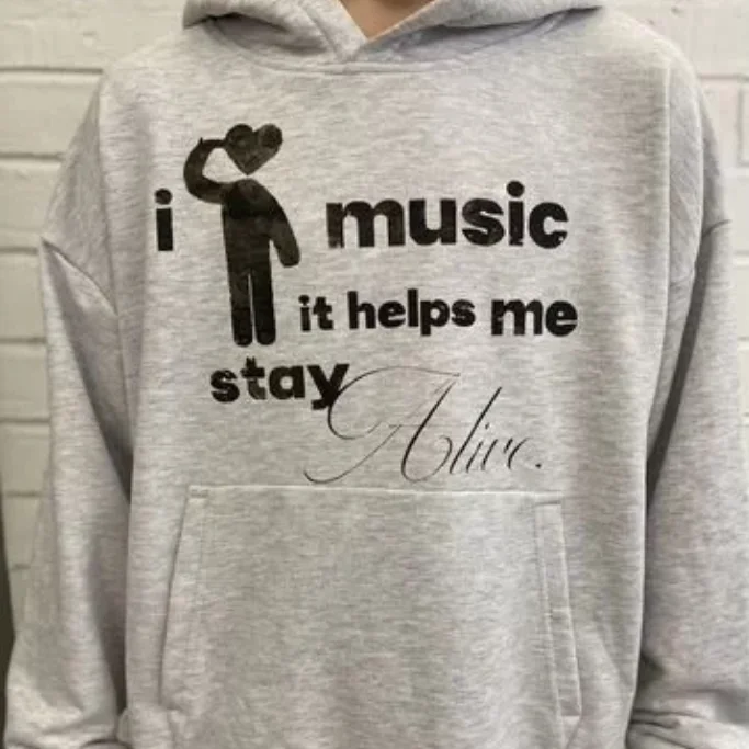 

Худи Bonnyonline Music It Helps Me Stay Grey с принтом, свободного кроя, с длинными рукавами, молодежное, повседневное, модное, из смесового хлопка и полиэстера