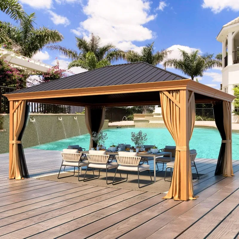 

12' x 16' Hardtop Gazebo Metal Gazebo with Faux Wood Grain Aluminum Frame, Galvanized Steel Single Roof Outdoor Patio Gazebo