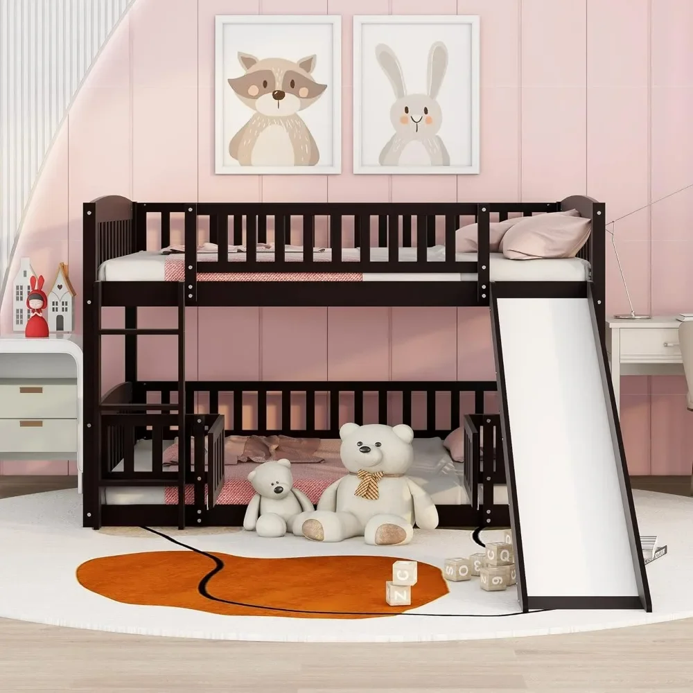 Bunk Bed Full Over Full with Slide and Stairs, Bunk Bed for Kids, Girls, Boys, Floor Bunk Bed with Fence and Door, Espresso