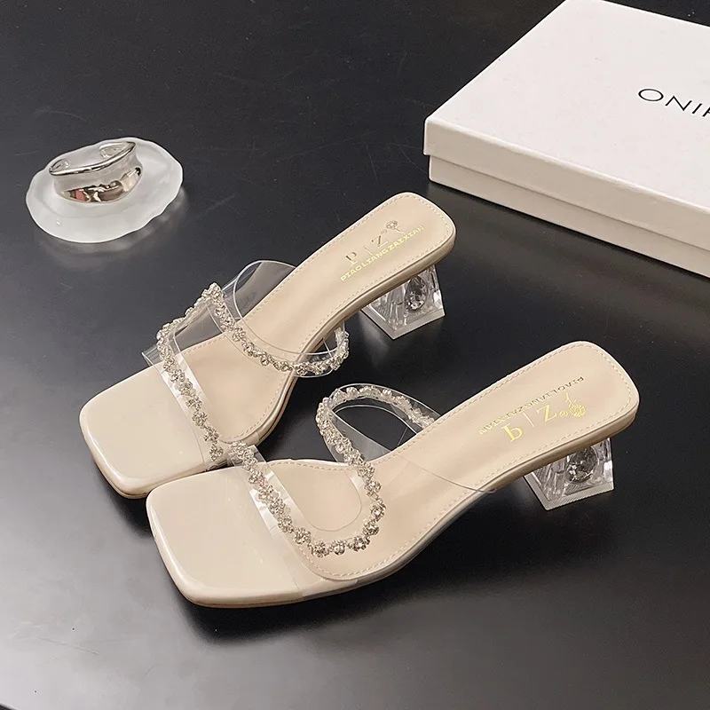 

Women's Crystal Slippers Transparent Pvc Temperament Cool Slippers for Women Square Head Open-toed High Heeled Sandals Sandalias