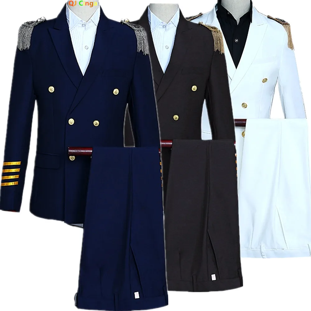 

2026 Мужская приталенная форма капитана, двухсекционная, темно-синяя двубортная куртка с золотыми пуговицами и эполетами для пилота, сцены, свадьбы