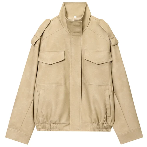 Imagen 2 del producto HXAO chaqueta de cuero para mujer, chaqueta Bomber de gran tamaño de otoño, nuevo en abrigos y chaquetas, Tops de manga larga con cuello levantado, prendas de vestir exteriores de moda