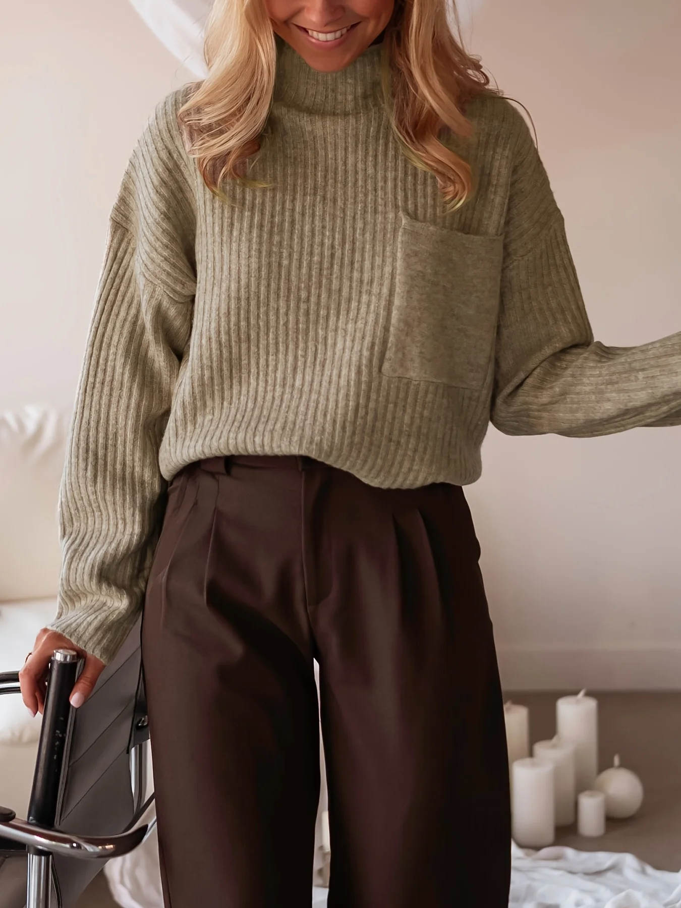 

Autumn and Winter New Fashionable and Elegant High-Neck Long-Sleeved Flap Pocket Pants Woven Pit Strip Pure Color Unique Design