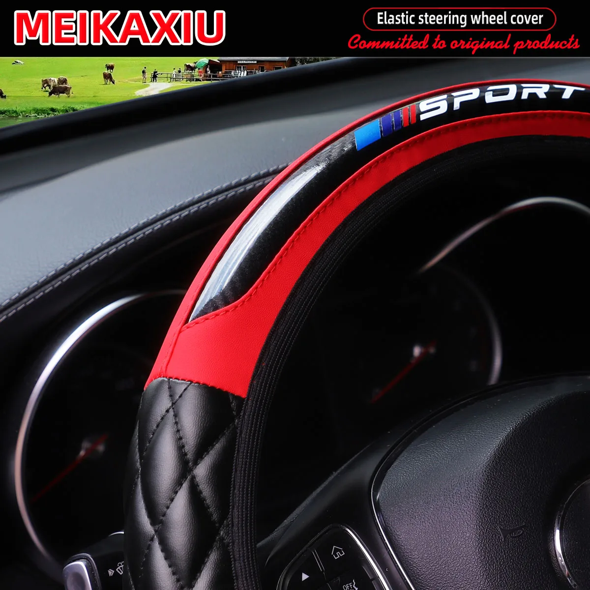 PU Soft Leather Crystal Carbon Fiber Embroidered SPORT Car Rimless Steering Wheel Cover for 14.5 - 15 Inch Car Interior
