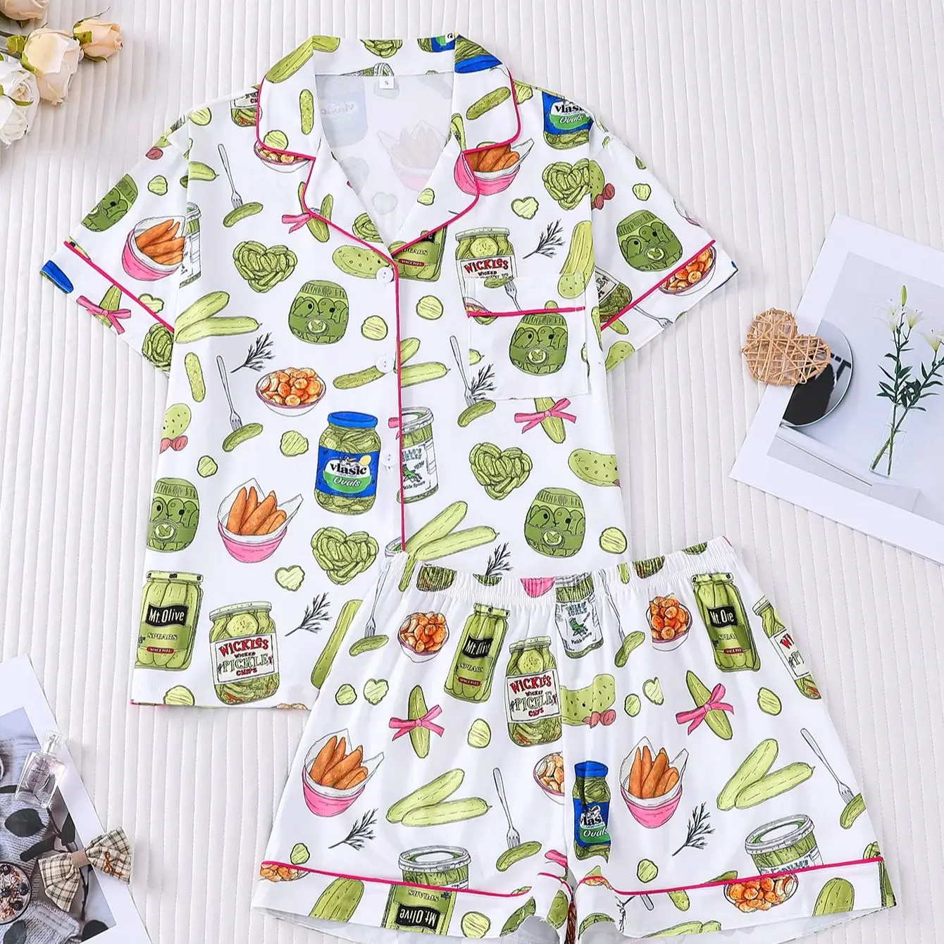 

Fun Novelty Women's Loungewear Set White Pickle Print Short Sleeve Button Down Shorts Comfy Summer Sleepwear