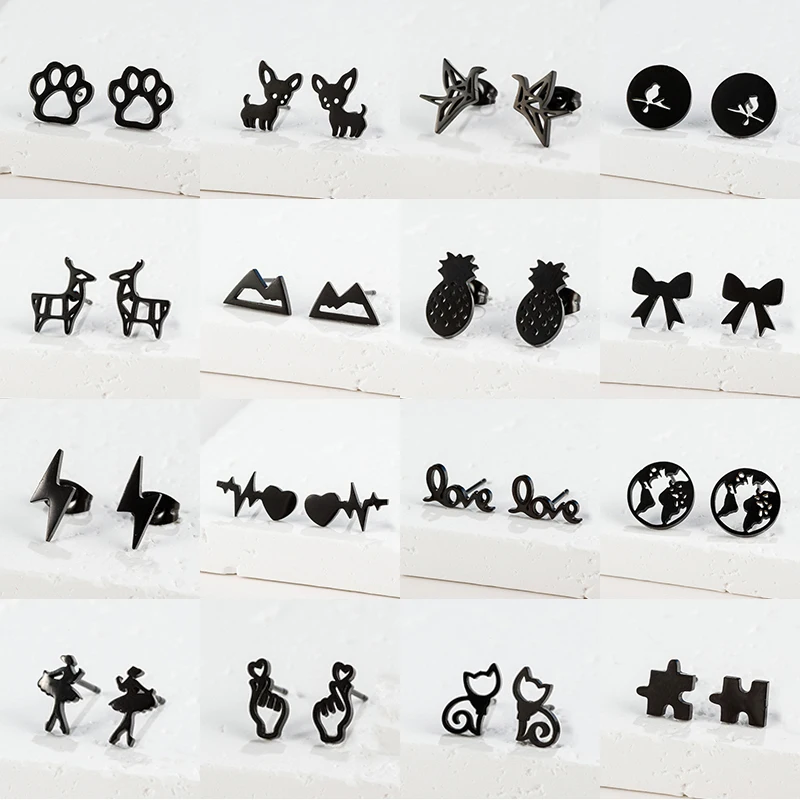 Punk Black Stainless Steel Dog Paw Earrings Women Geometric Elk Swallow Ballet Puzzle Ear Studs Piercing Christmas Jewelry Gift