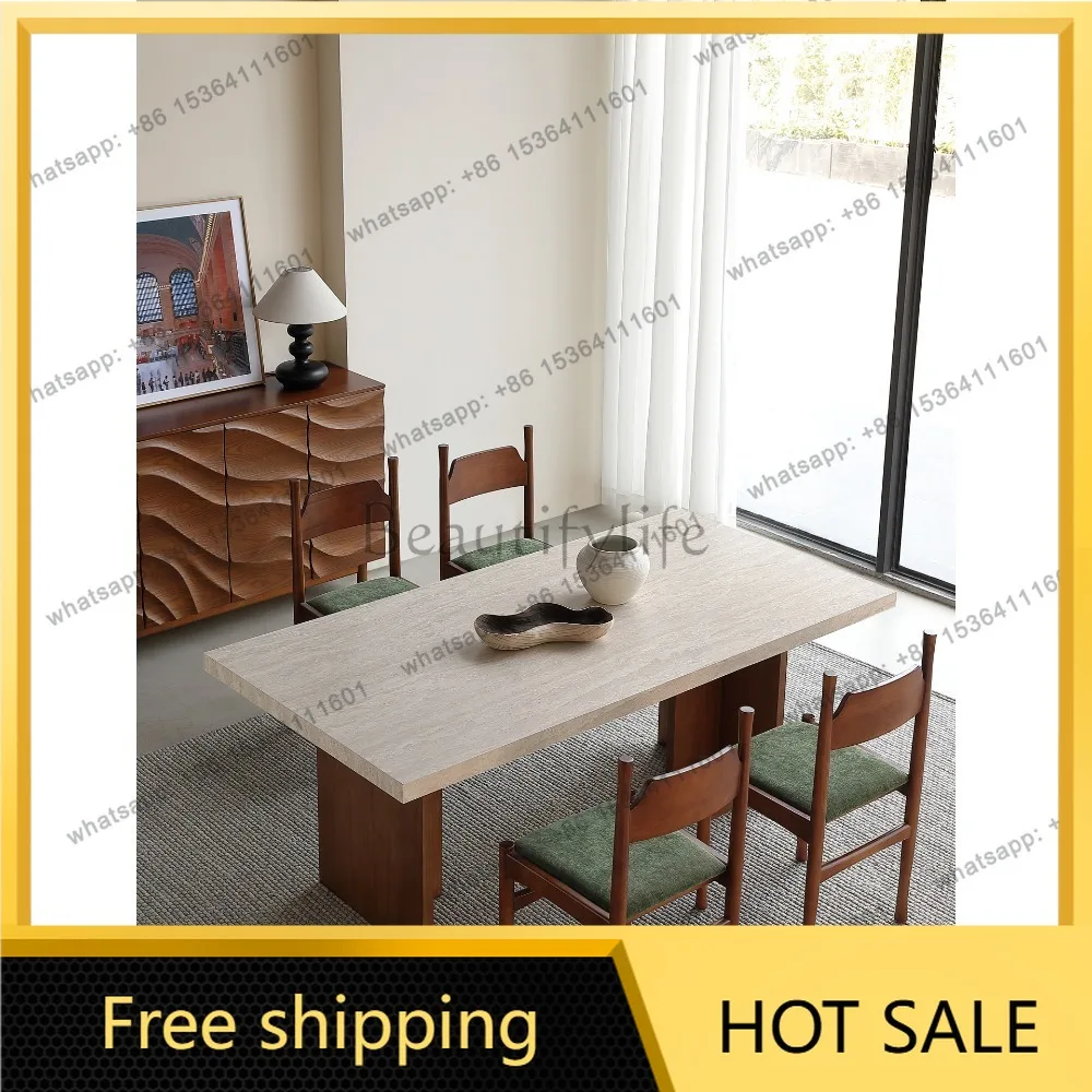 LD antique travertine rock slab dining table high-end solid wood rectangular table
