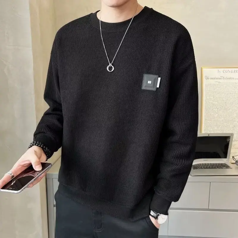 Men's Clothing Basic Solid Color Sweatshirts Casual Round Neck Spring Autumn Stylish Patch Designs Korean Long Sleeve Pullovers