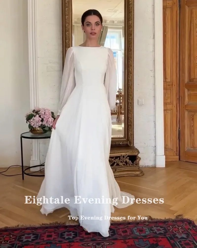 Eightale Boho Wedding Dress Customized O-Neck Long Sleeves White Ivory A-Line Chiffon Muslim Bridal Gown Vestido De Noiva image 2