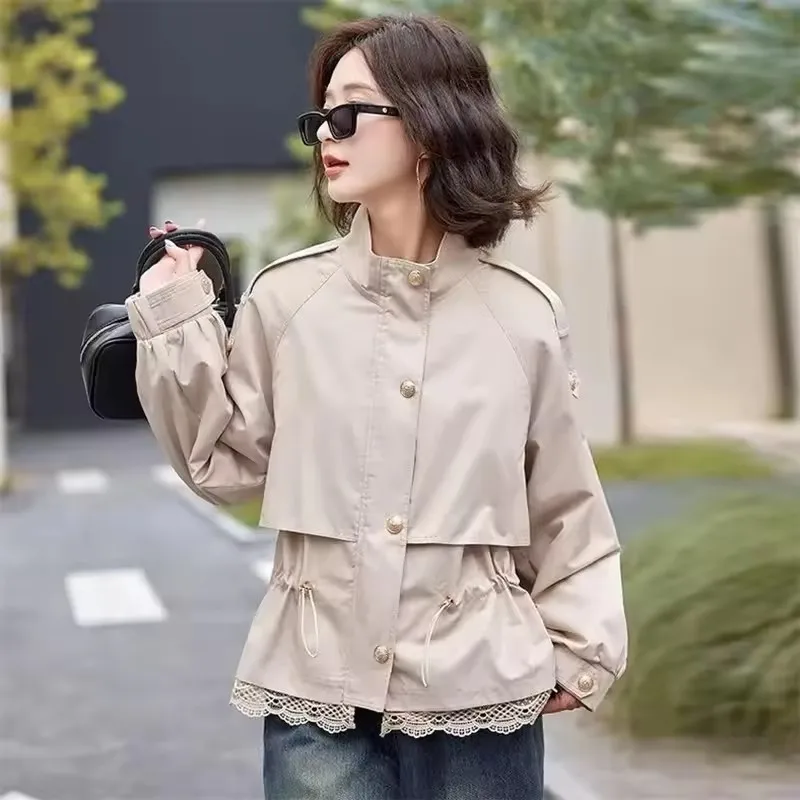 Fashion Women Trench Coat Lace Stitching Short Jacket 2025 Spring Autumn New Tooling Waist Stand-up Collar Windbreaker Female