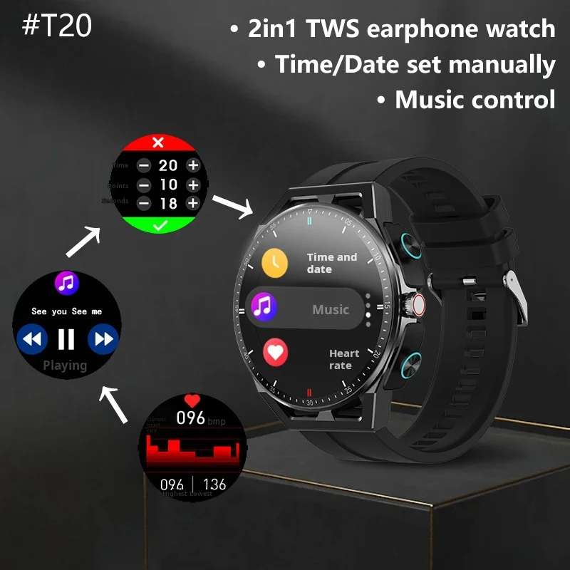 2in1 T20 Bestselling TWS Earbuds Smartwatch with Heart Rate Sleep Monitoring Music Control Multifunctional
