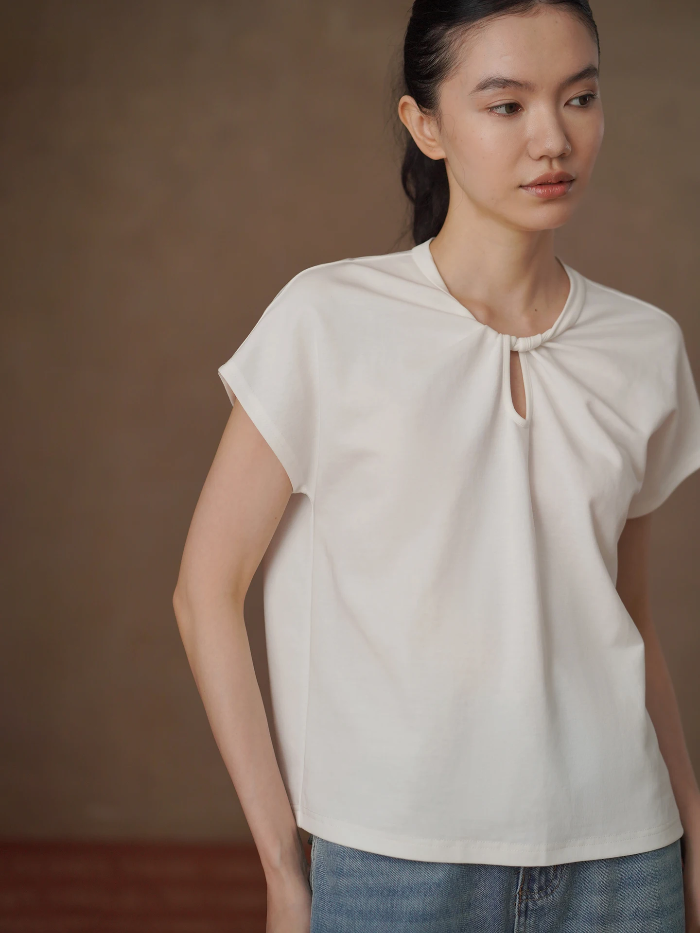 Hacikis Miss High-Yarn Cotton Knot Design Sleeveless Slimming Commute Short-Sleeve T-Shirt Integrated Sleeve Loose Fit Citywalk