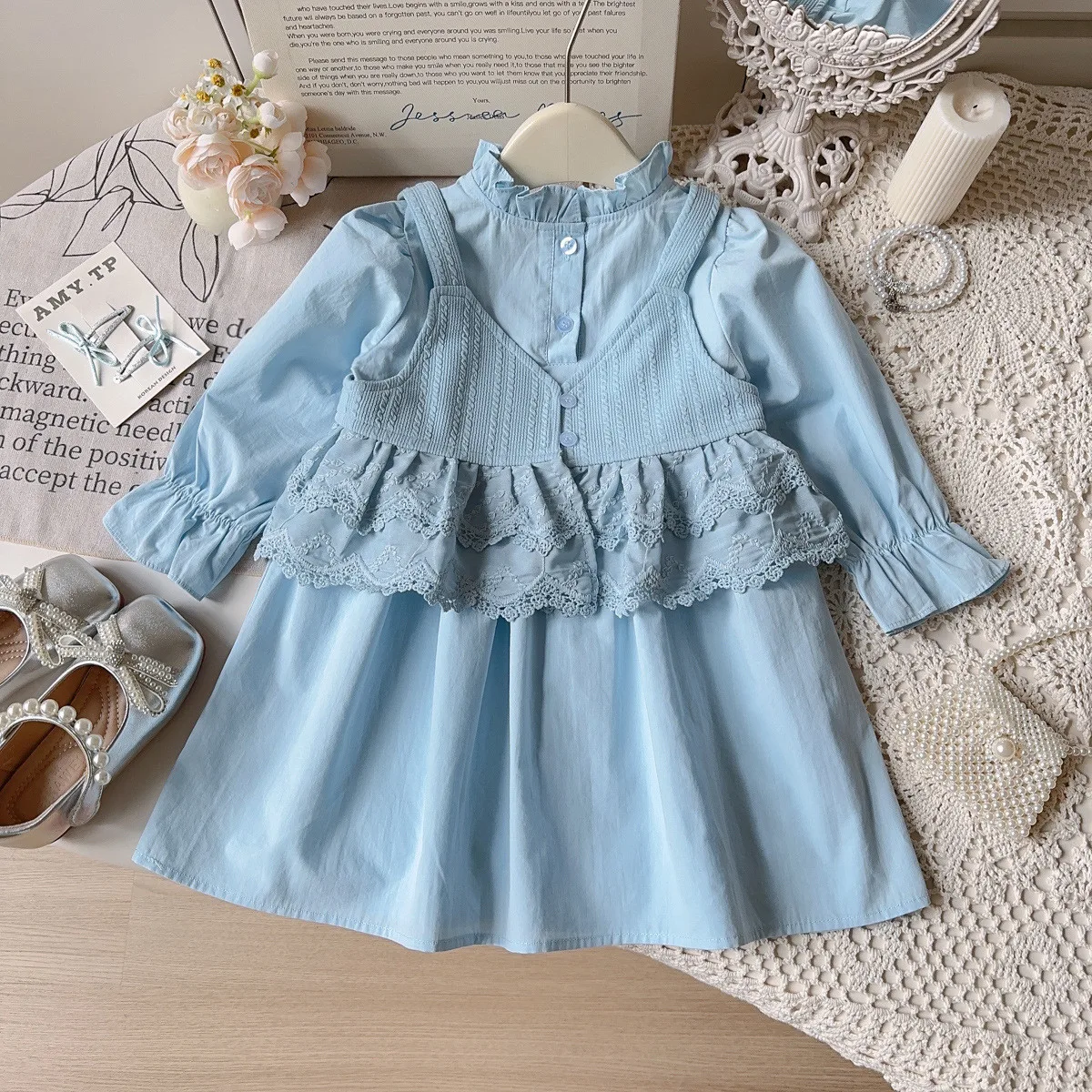 

Spring and Autumn Girls' Dress Set 2026 New Children's Pure Cotton Long sleeved Shirt Skirt Outer Wear Small Tank Top Two piece