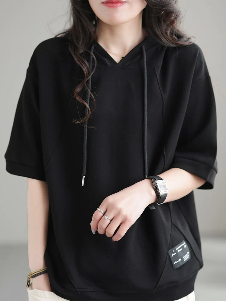 قميص نسائي صيفي فضفاض بغطاء للرأس من القطن، نصف كم بلون واحد، أسلوب عملي، طول خمسة أرباع