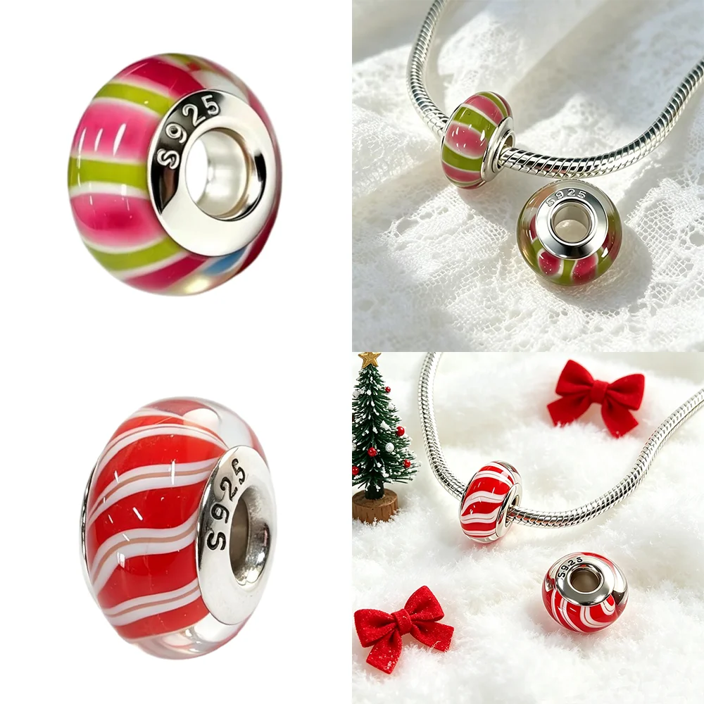 Charms 925 Sterling Silver Murano Glass Beads Fit Bracelets Bag Keychain Gold Foil Swirl Pattern Fashion Jewelry Gift for Women