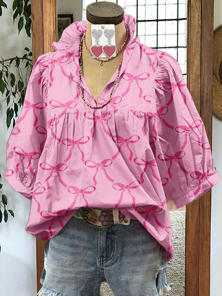 Chemisier à manches bouffantes et nœud imprimé, doux, jour de Léon