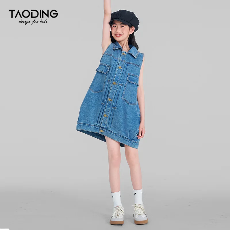 Baby Girl Dress Girls Dress Denim Summer Fashion Stereoscopic Pleated Skirt with Cool Flip Pocket Waistcoat Wrap Hip Skirt