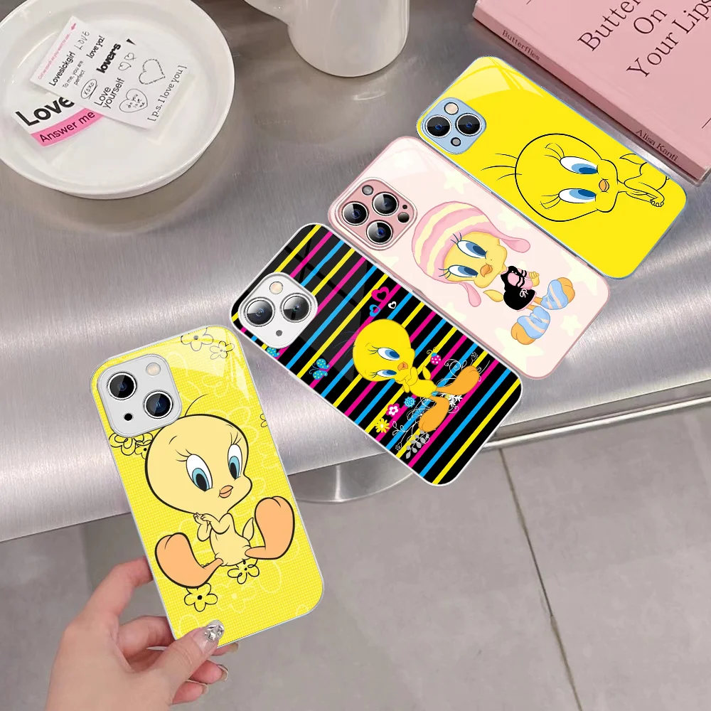 

Cute Anime Tweetys Bird Phone Case Tempered Glass For Iphone 14 13 12 11 Pro Mini XS MAX 14Plus X XS XR Fundas