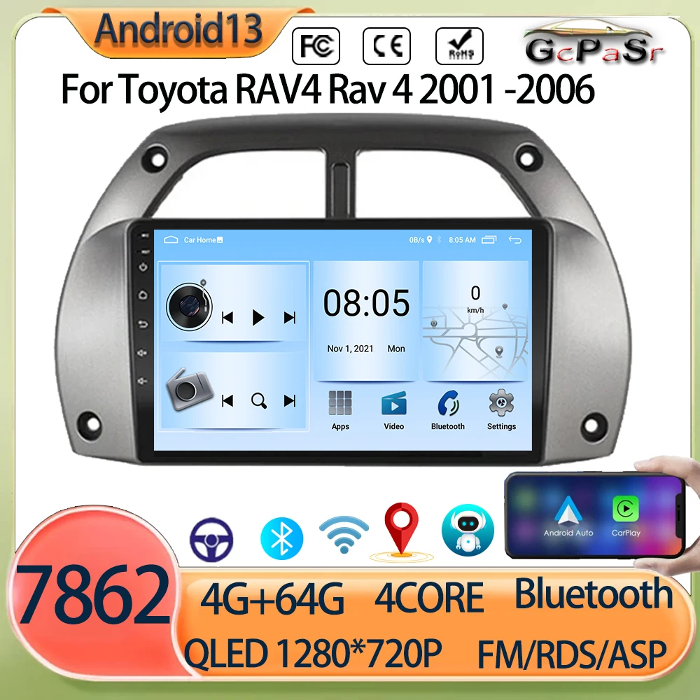 Android 13 for Toyota RAV4 Rav 4 2001 2002 2003 2004 2005 2006 Car Radio Multimedia Player 2 Din Carplay Stereo GPS DVD  Built