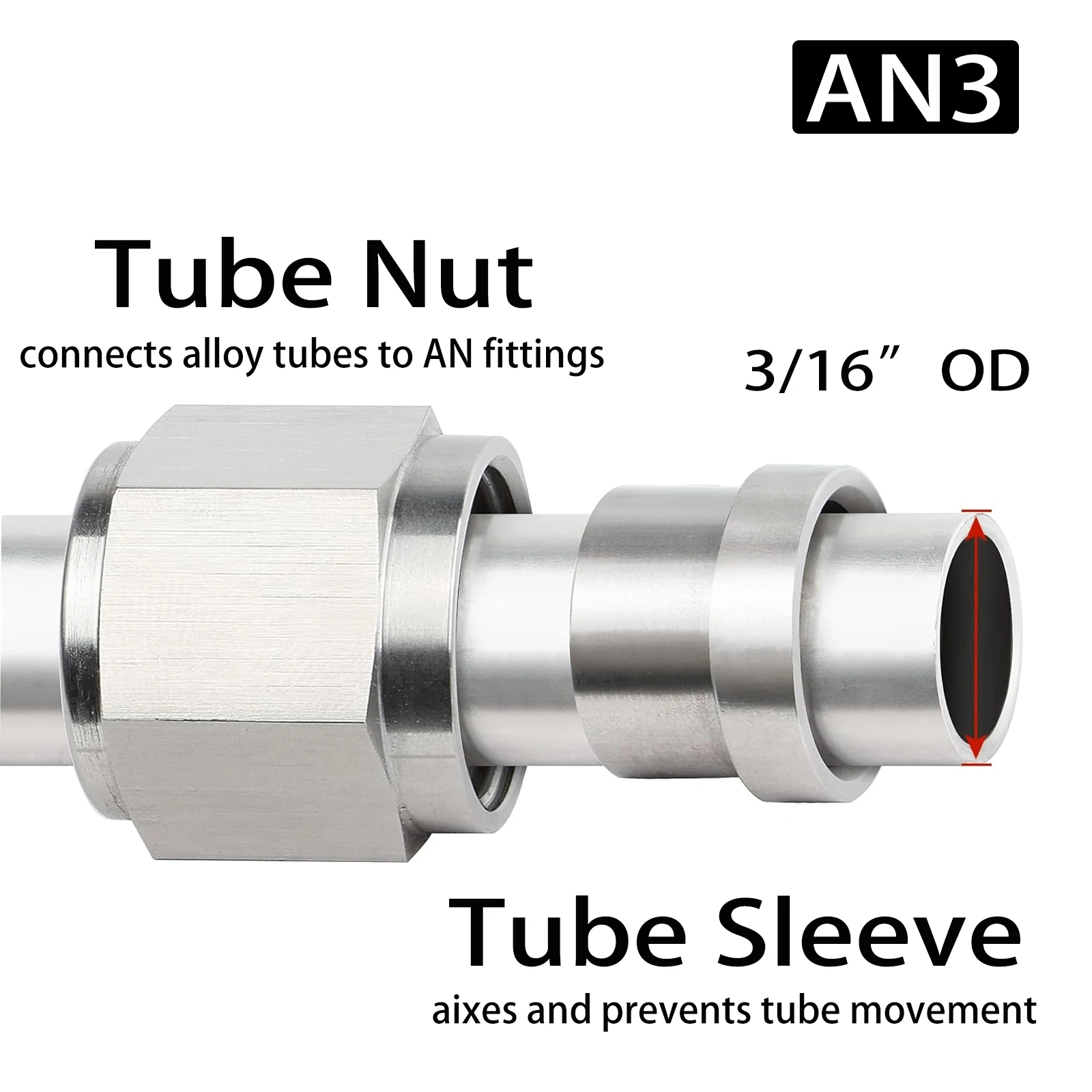 -3AN Female Hardline Tube Nut and Sleeve Fitting Universal Stainless Steel For 3/16" OD Alloy Tubing 4