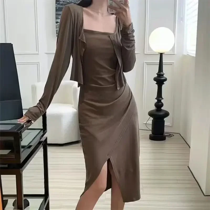 

Ice Silk Screw Thread Dress 2-piece Set Irregular Side Slit Long Sleeve Jacket Plus Autumn Cardigan Non-regular Pattern