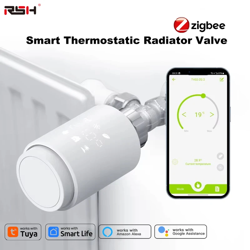 RSH  Tuya ZigBee Smart Thermostatic Radiator Valve For Heater Energy Saving TRV App Remote Control Work With Alexa Google Home