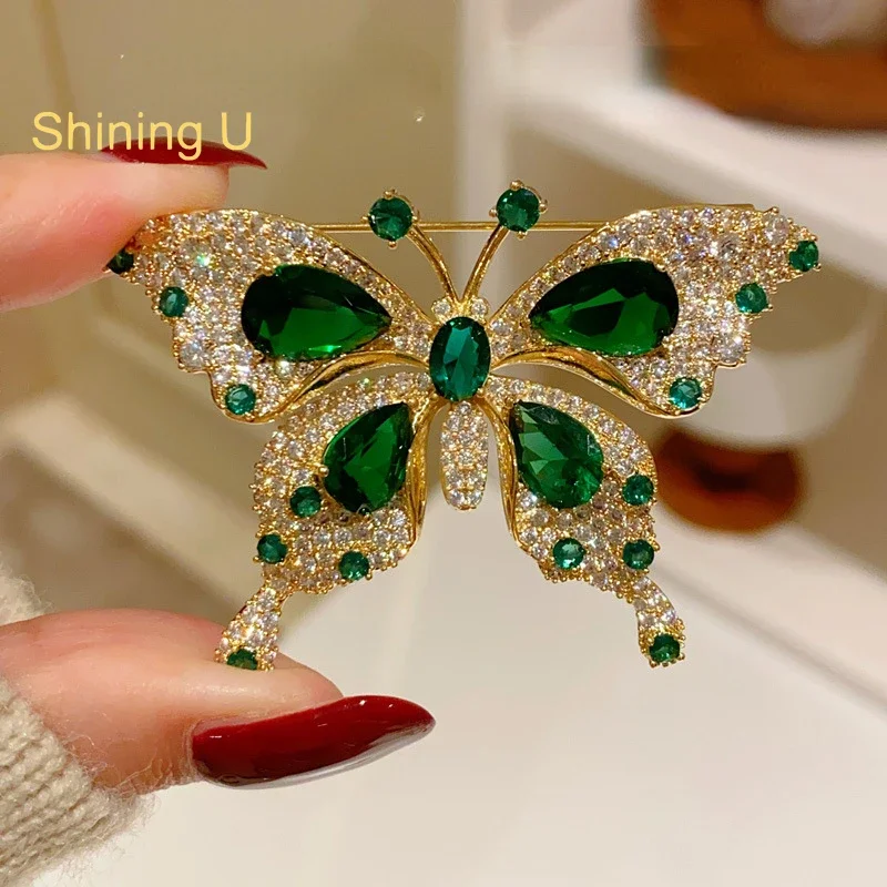 Shining U Luxury Simulated Emerald Butterfly Brooch for Women Fashion Overcoat  Accessory Birthday Gift