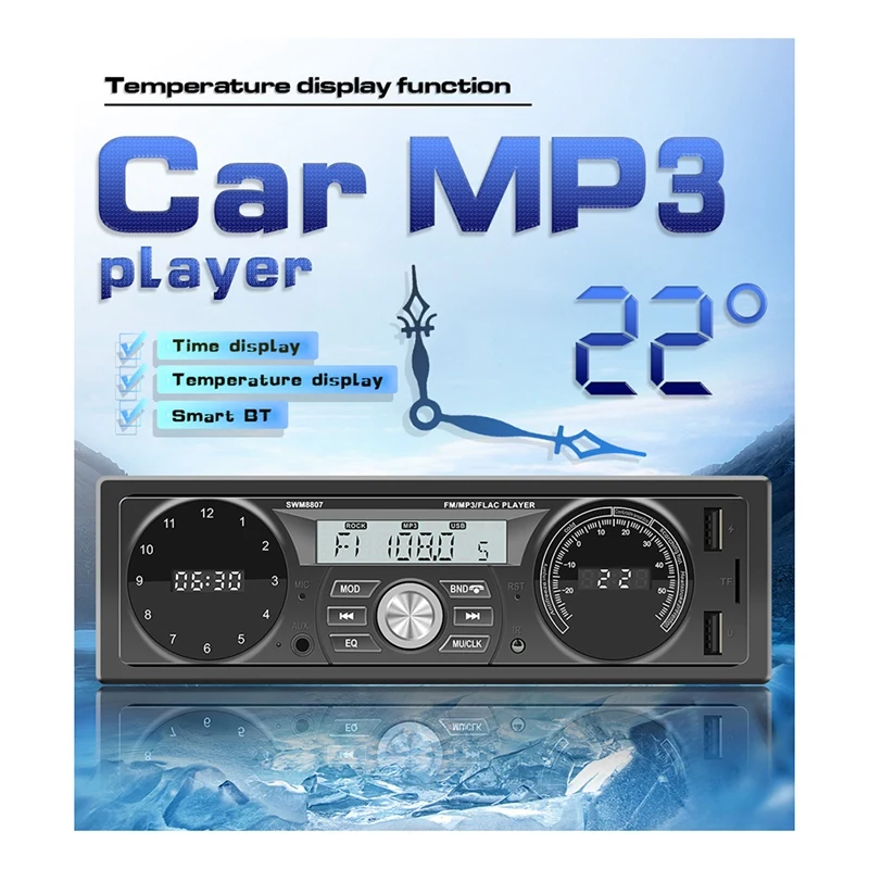 

1DIN Car Stereo MP3 Player Car FM Radio Bluetooth With Clock And Temperature Display