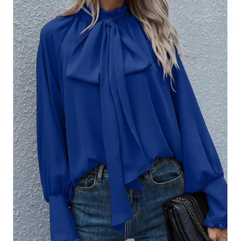 CPSYMYM Damen-Hemd mit Stehkragen, Fliege, Blase, langärmelig, Frühling und Herbst, neu, locker, alles, elegant, weiblich, lässig, O-Ausschnitt, alle M