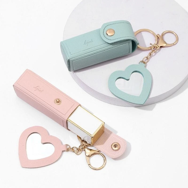 Portable Lipstick Bag Keychain Mini Storage Bag with Heart Pendant for Women Lipsticks Protective Cover Keyring Handbag