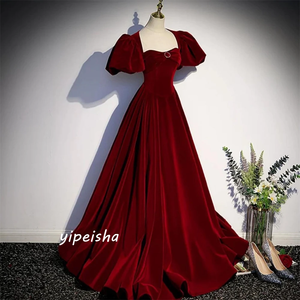 Customized Elegant High Quality Square Ball Gown Beading Open Back Draped Anke Length Velour Evening Dresses Saudi Arabia