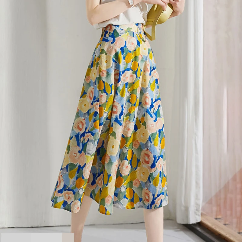 

Fragmented Flower Pleated Skirt Women's 2023 Spring and Autumn Art High Waist Slim A-line Long long skirt