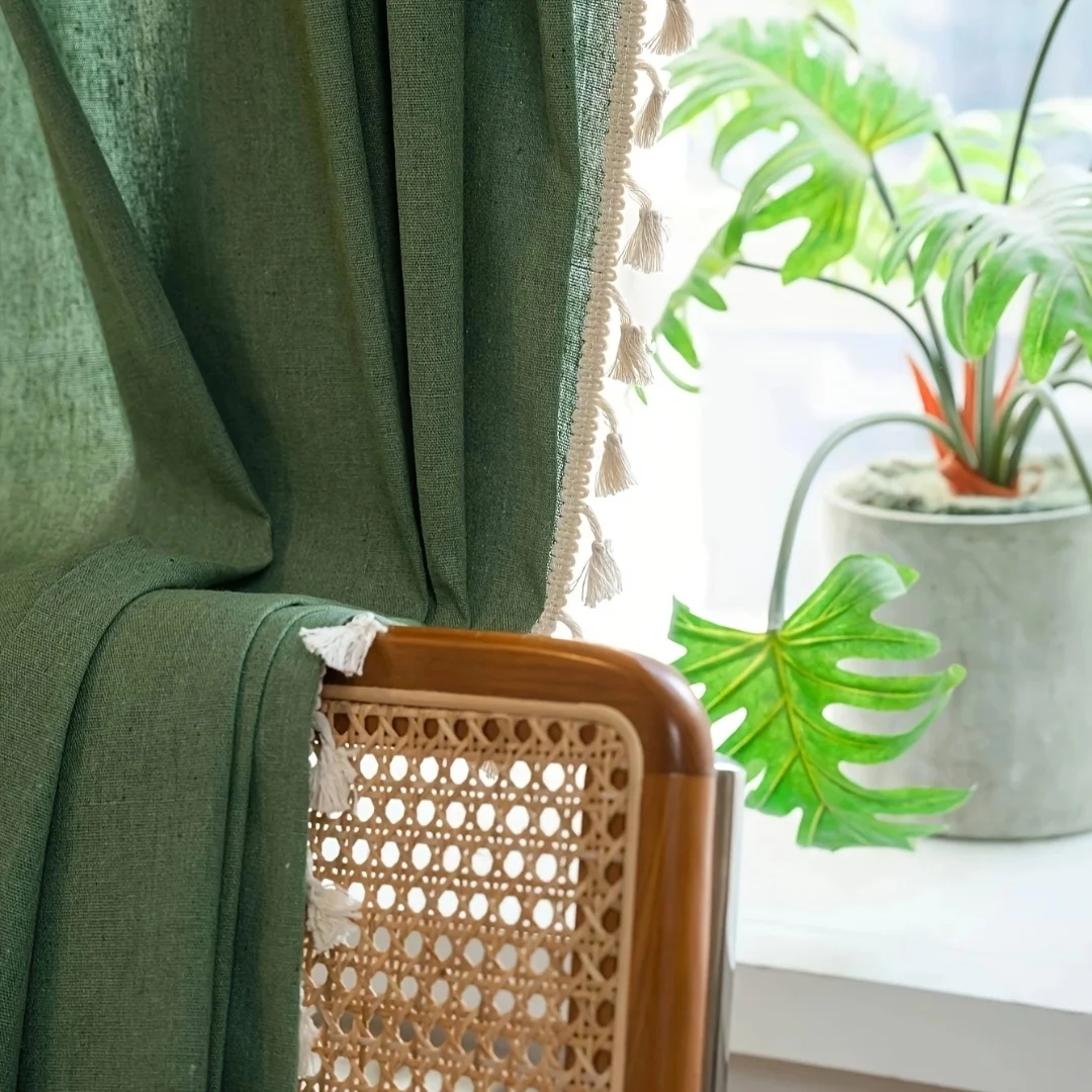 1 panel with 100% full shading green curtains, bohemian style tassel rod pocket curtains suitable for living rooms and bedrooms