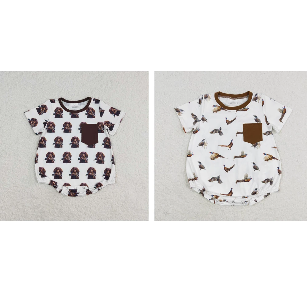 

Wholesale hot sale summer baby boys clothes rompers newborn toddler Duck Puppy brown pocket white short-sleeved onesies
