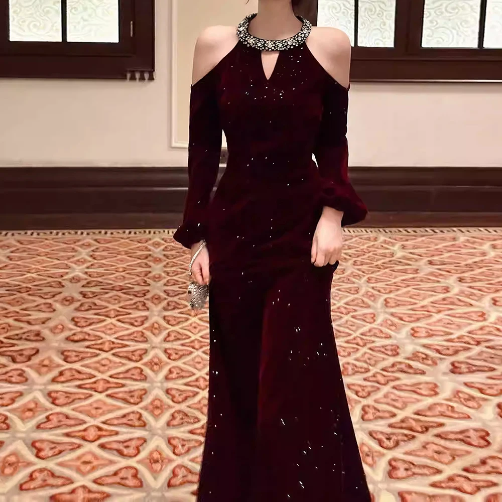 

Customized Christmas Dresses Floor-length O-neck Full Sleeve Prom Gown Fashion Sequined Crystal Exquisite Party Dresses