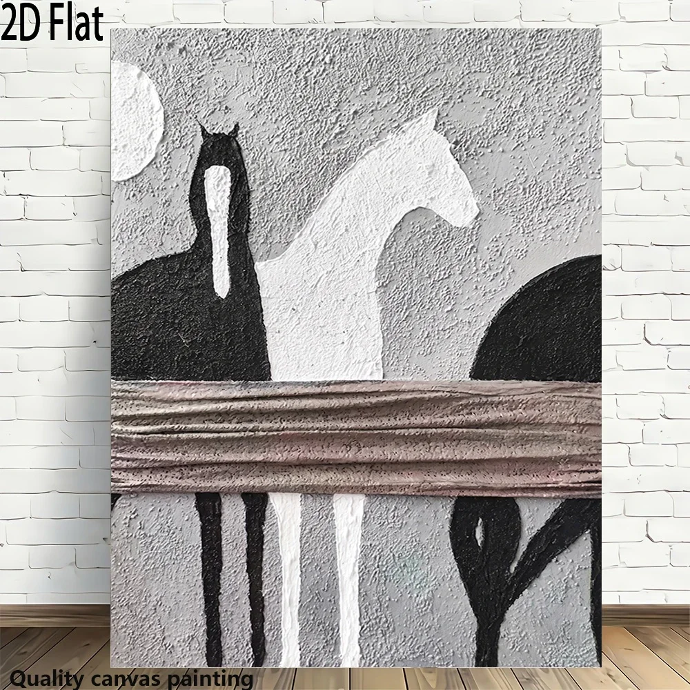 Frameless Canvas Painting Textured Horse Painting, Black White Abstract Horse Wall Art, Modern 2D Minimalist Equestrian Decor, W