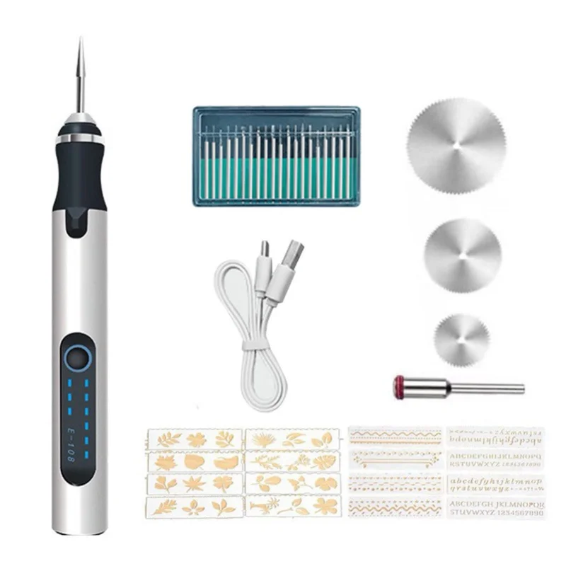 電動彫刻ペン-コードレス充電式研磨機ツールセット-ネイルアート用-シルバー彫刻研磨セット