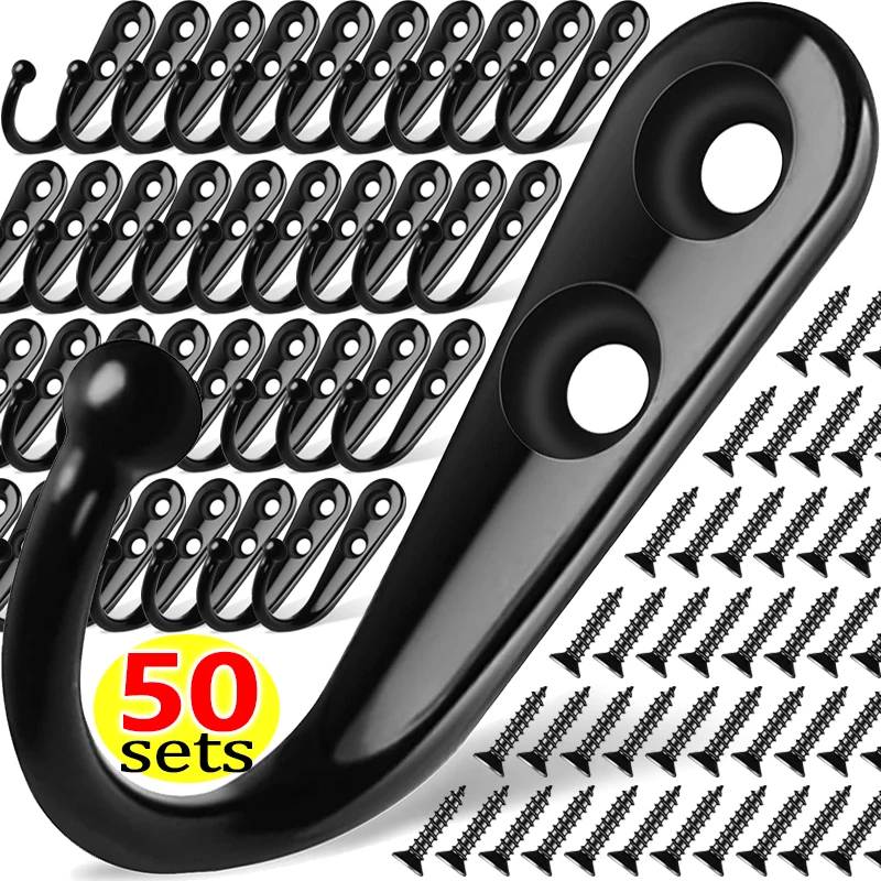 50/1set Alloy Hooks with Screws for Coat Towel Bags Caps Hook Wall Mounted Hanging Hangers Kitchen Bathroom Storage Rack Holders