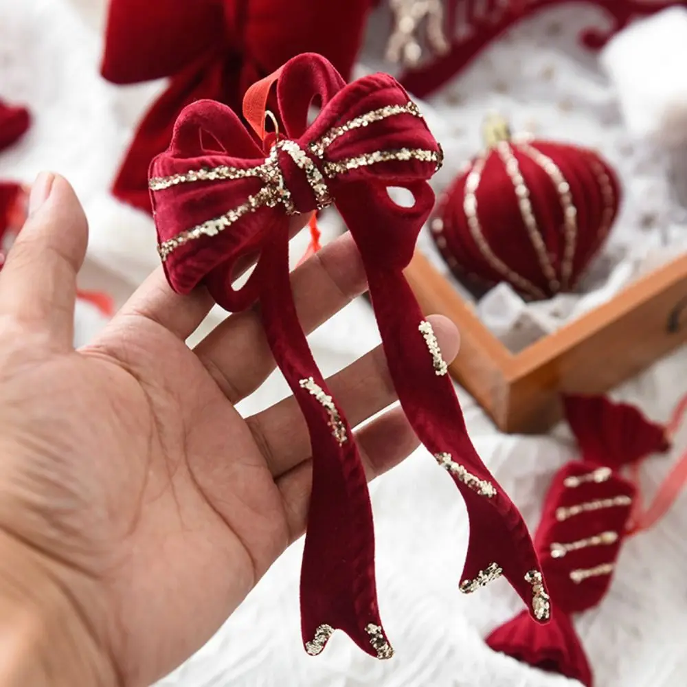 

Flocked Velvet Christmas Bowknot Pendant Snowflake Bells Candy Cane Snowflake Reindeer Pendant Wine Red Plastic